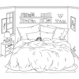 A surreal coloring page illustrating a girl peacefully taking a nap on a giant bed that occupies the entire room space