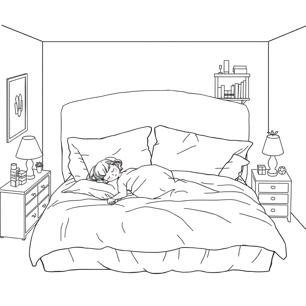 A surreal coloring page illustrating a girl peacefully taking a nap on a giant bed that occupies the entire room space