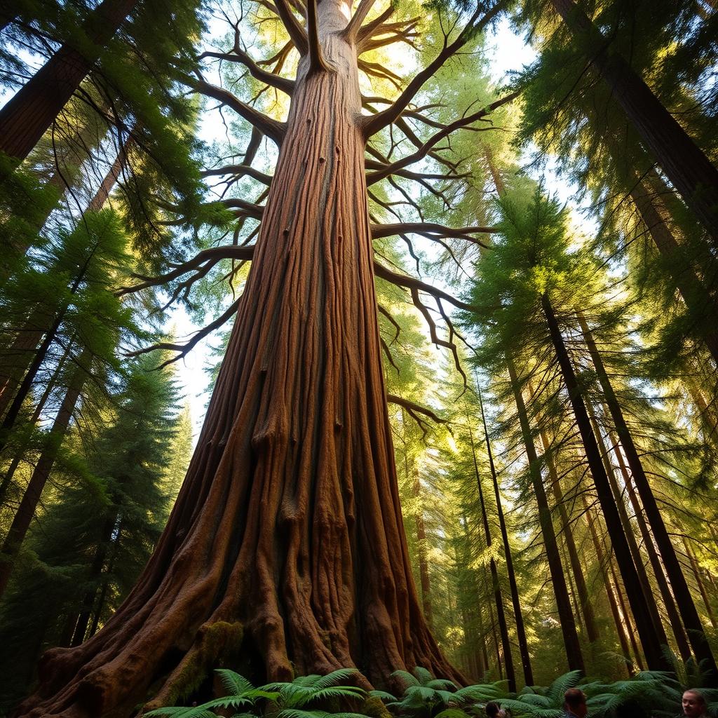 A gigantic ancient sequoia tree, towering majestically in an expansive forest