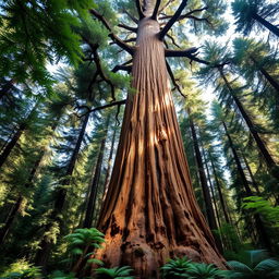 A gigantic ancient sequoia tree, towering majestically in an expansive forest