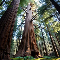 A gigantic ancient sequoia tree, towering majestically in an expansive forest