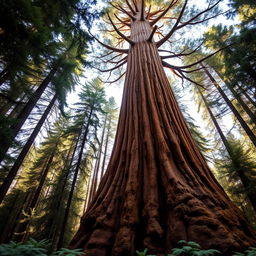 A gigantic ancient sequoia tree, towering majestically in an expansive forest