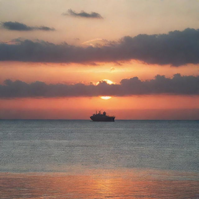 A dreamy sunset over a tranquil ocean, with a silhouette of a large ship floating in the distance.