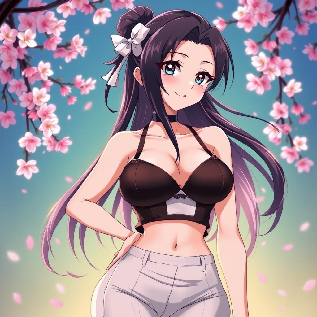 A very sexy anime girl with a large chest, standing confidently, wearing a stylish outfit that highlights her curves