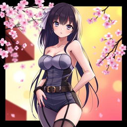 A very sexy anime girl with a large chest, standing confidently, wearing a stylish outfit that highlights her curves