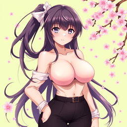 A very sexy anime girl with a large chest, standing confidently, wearing a stylish outfit that highlights her curves