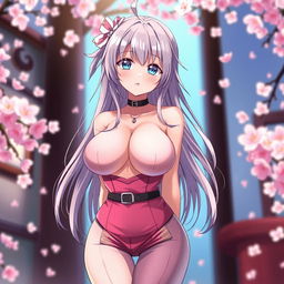 A very sexy anime girl with a large chest, standing confidently, wearing a stylish outfit that highlights her curves