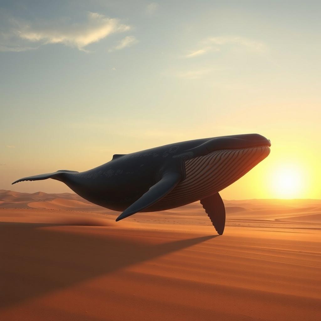 A majestic whale trotting through a vast desert landscape, a surreal and imaginative scene with the sun setting on the horizon, casting warm golden hues across the sand dunes