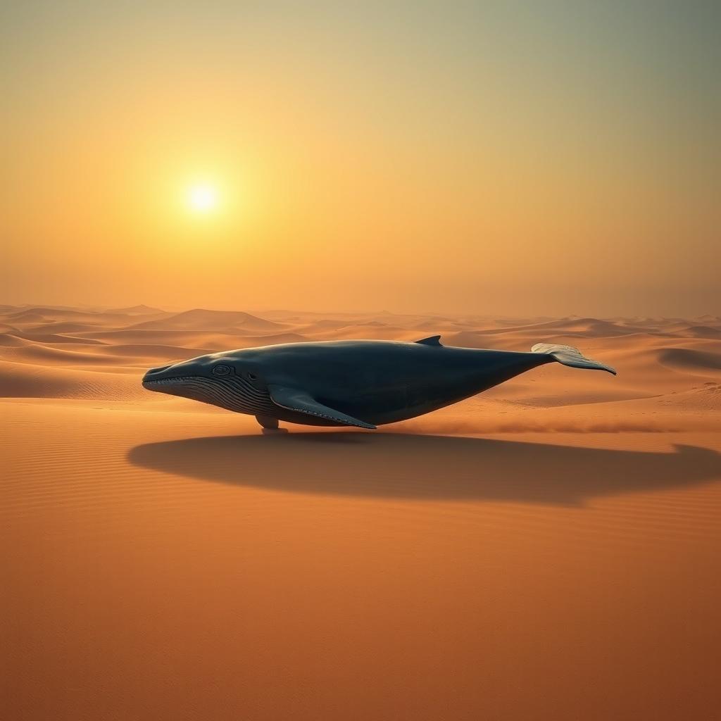 A majestic whale trotting through a vast desert landscape, a surreal and imaginative scene with the sun setting on the horizon, casting warm golden hues across the sand dunes