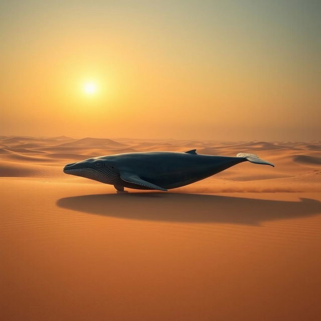 A majestic whale trotting through a vast desert landscape, a surreal and imaginative scene with the sun setting on the horizon, casting warm golden hues across the sand dunes