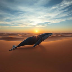 A majestic whale trotting through a vast desert landscape, a surreal and imaginative scene with the sun setting on the horizon, casting warm golden hues across the sand dunes