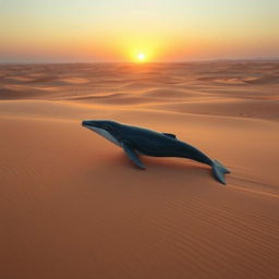 A majestic whale trotting through a vast desert landscape, a surreal and imaginative scene with the sun setting on the horizon, casting warm golden hues across the sand dunes