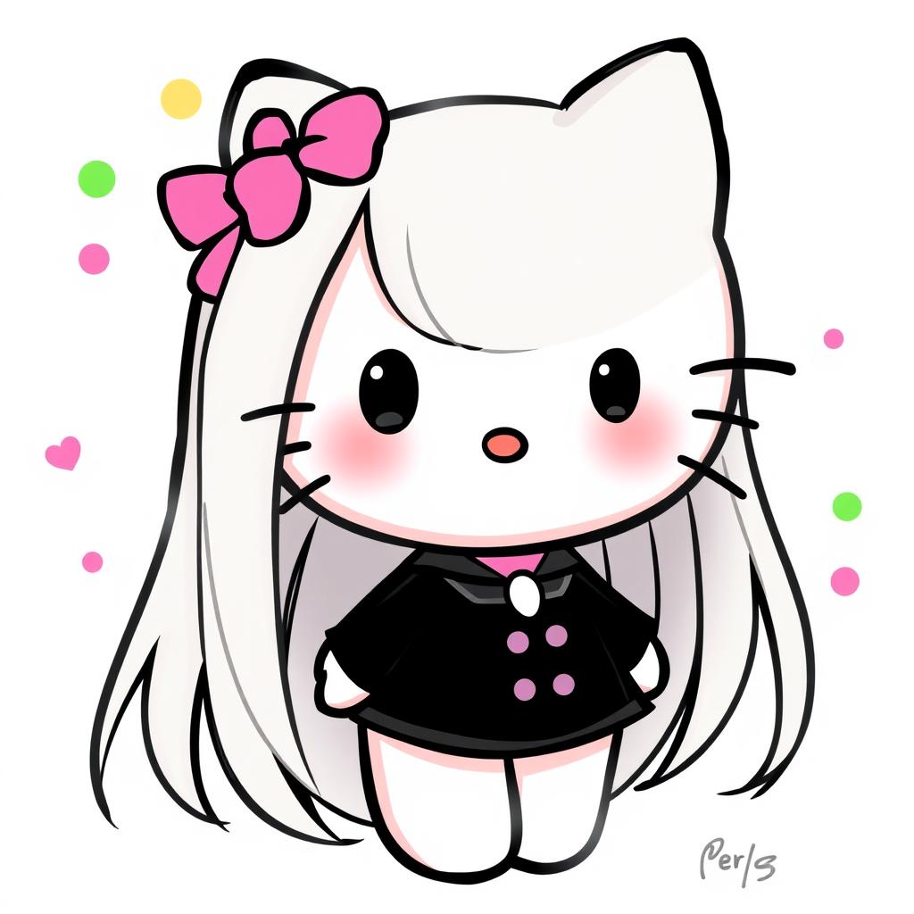 A cartoon-style drawing of Hello Kitty with long, smooth hair