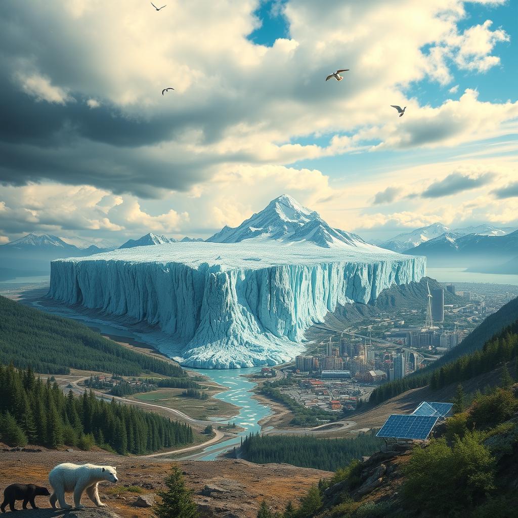 An artistic representation of climate change, depicting a melting glacier merging into a bustling cityscape