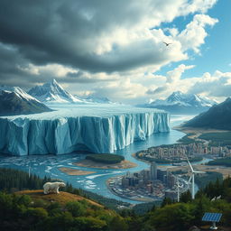 An artistic representation of climate change, depicting a melting glacier merging into a bustling cityscape