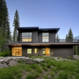 A modern mountain home exterior made from materials like wood and stone, characterized by a dominating glass front. Features a spacious living room with a fireplace, 3 bedrooms, 1.5 bathrooms, and a welcoming wooden deck.