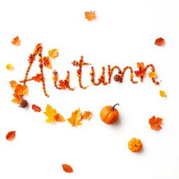 Create a high-definition image of the word 'Autumn' in a creative autumn style on a white background