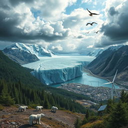 An artistic representation of climate change, depicting a melting glacier merging into a bustling cityscape