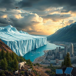 An artistic representation of climate change, depicting a melting glacier merging into a bustling cityscape