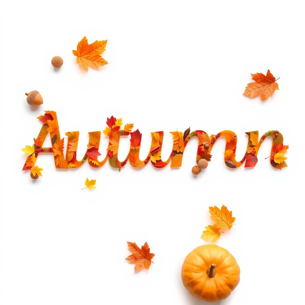 Create a high-definition image of the word 'Autumn' in a creative autumn style on a white background