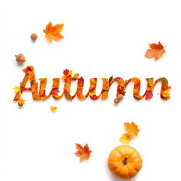 Create a high-definition image of the word 'Autumn' in a creative autumn style on a white background