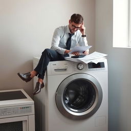 A dedicated accountant sitting on top of a washing machine, focused intently on doing numbers