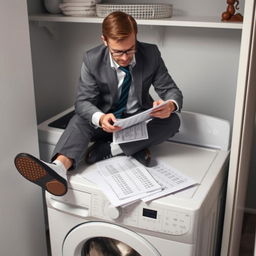 A dedicated accountant sitting on top of a washing machine, focused intently on doing numbers