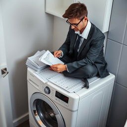 A dedicated accountant sitting on top of a washing machine, focused intently on doing numbers