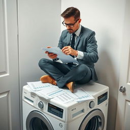 A dedicated accountant sitting on top of a washing machine, focused intently on doing numbers