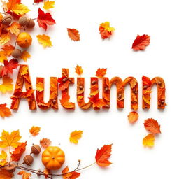 Create a high-definition image of the word 'Autumn' in a creative autumn style on a white background