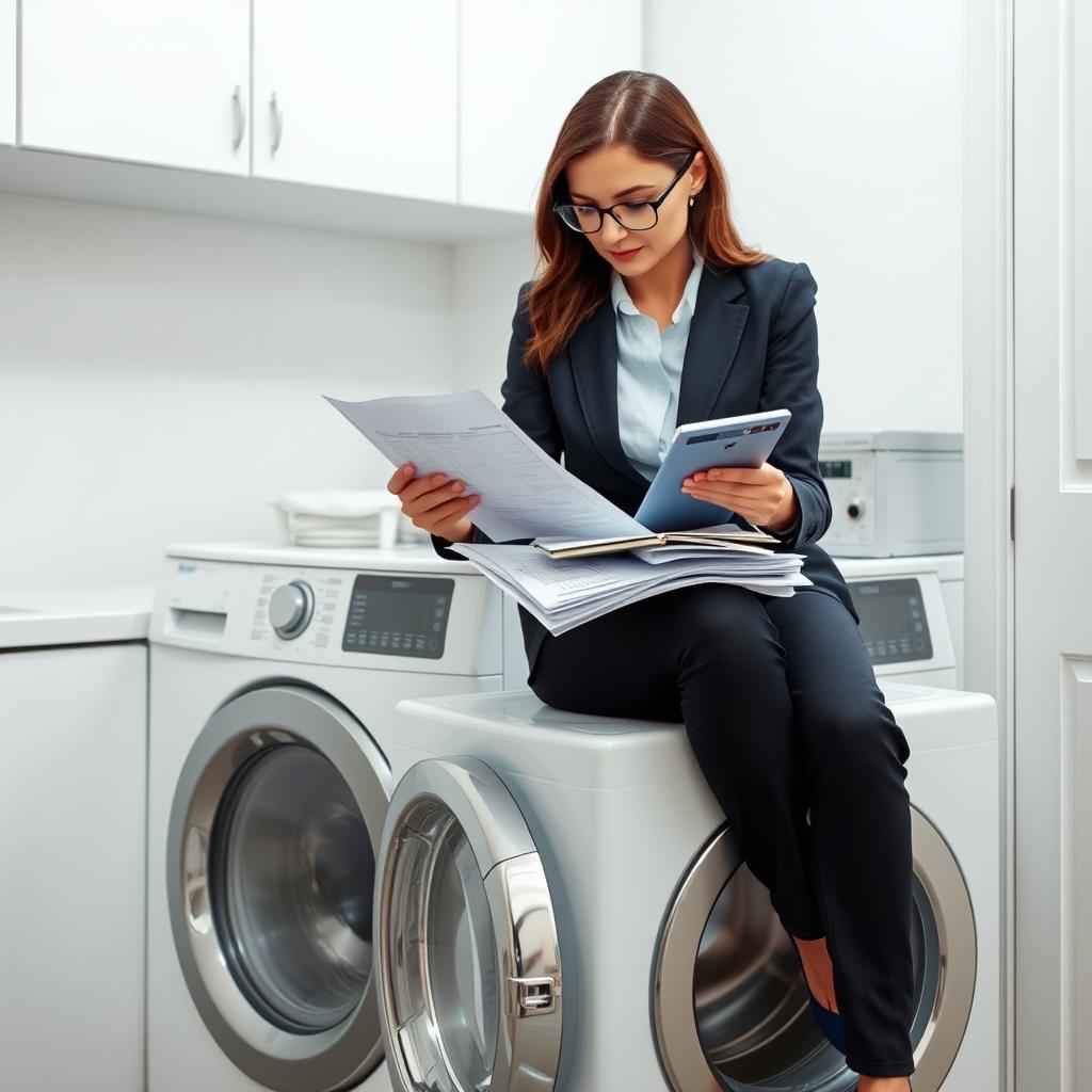 A dedicated female accountant sitting on top of a washing machine, focused intently on doing numbers