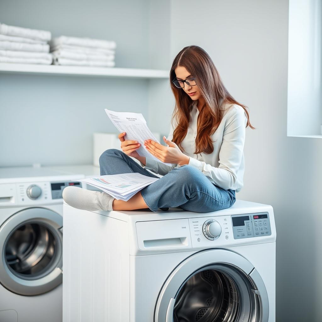 A dedicated female accountant sitting on top of a washing machine, focused intently on doing numbers