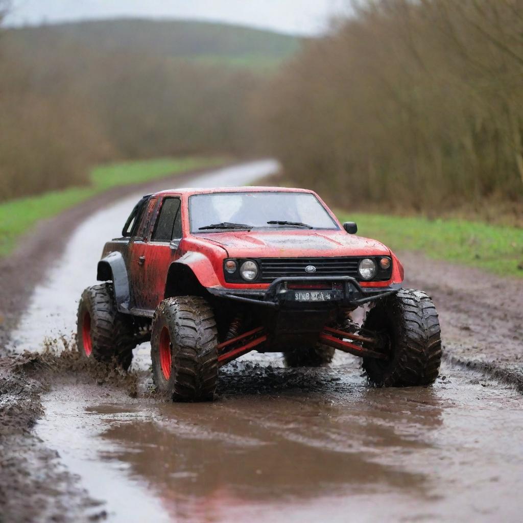 A large, red and black remote control car surging down a muddy road slick from recent heavy rainfall