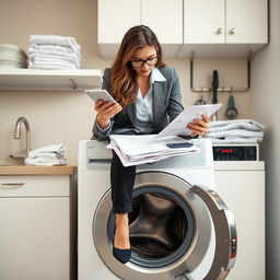 A dedicated female accountant sitting on top of a washing machine, focused intently on doing numbers