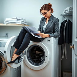 A dedicated female accountant sitting on top of a washing machine, focused intently on doing numbers