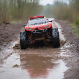 A large, red and black remote control car surging down a muddy road slick from recent heavy rainfall