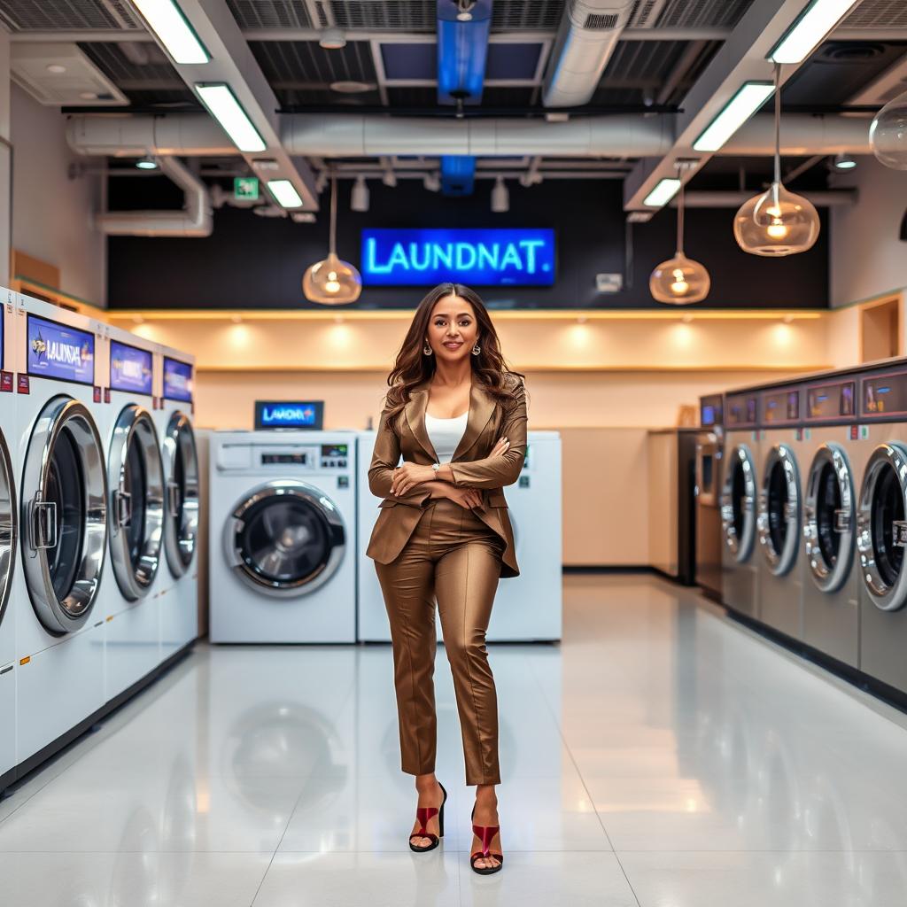 A sophisticated woman, the proud owner of a luxurious laundromat, standing confidently in her establishment