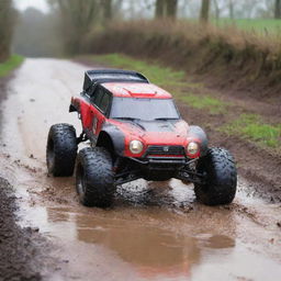 A large, red and black remote control car surging down a muddy road slick from recent heavy rainfall