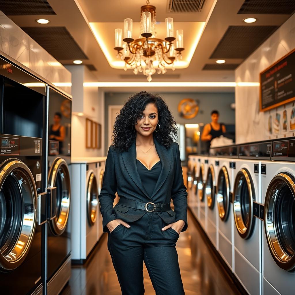 A young woman with dark curly hair, the proud owner of a luxurious laundromat, standing confidently in her elegant establishment