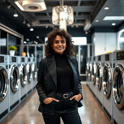 A young woman with dark curly hair, the proud owner of a luxurious laundromat, standing confidently in her elegant establishment