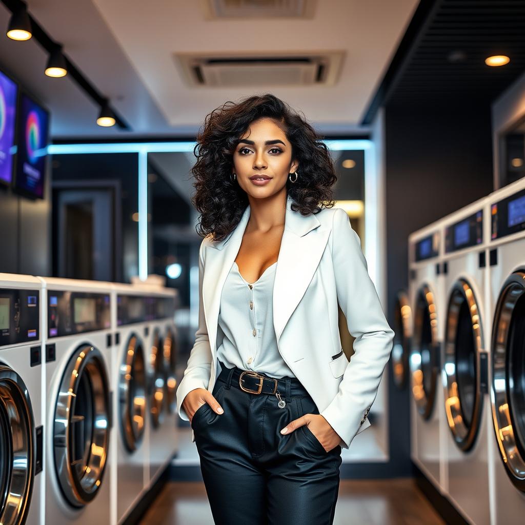 A young woman with dark curly hair, the proud owner of a luxurious laundromat, standing confidently in her elegant establishment