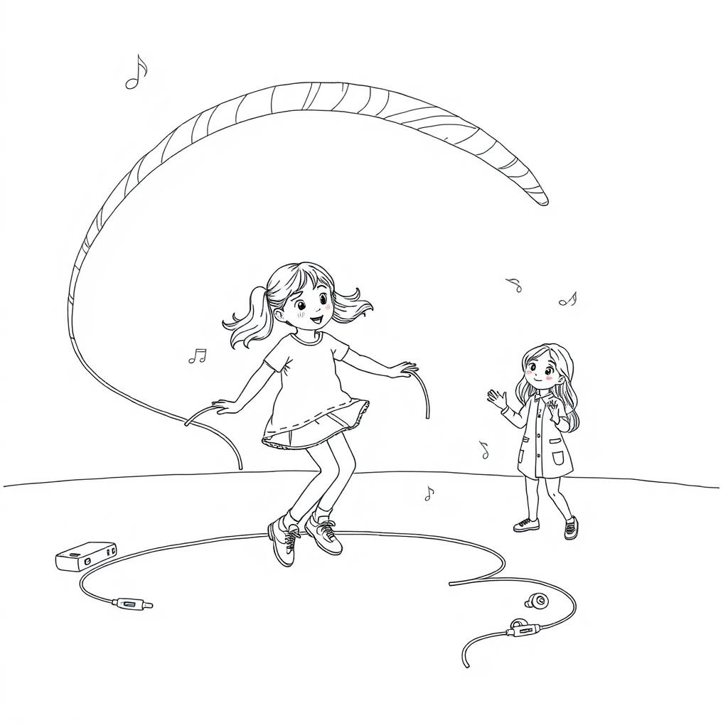 A surreal coloring page featuring a girl energetically jumping rope with an enormous, long, thick headphone cord turned into a skipping rope