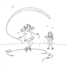 A surreal coloring page featuring a girl energetically jumping rope with an enormous, long, thick headphone cord turned into a skipping rope