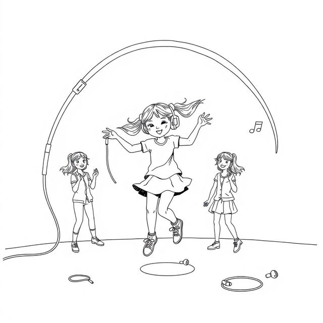 A surreal coloring page featuring a girl energetically jumping rope with an enormous, long, thick headphone cord turned into a skipping rope