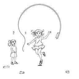 A surreal coloring page featuring a girl energetically jumping rope with an enormous, long, thick headphone cord turned into a skipping rope