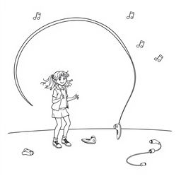 A surreal coloring page featuring a girl energetically jumping rope with an enormous, long, thick headphone cord turned into a skipping rope