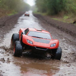 A large, red and black remote control car surging down a muddy road slick from recent heavy rainfall