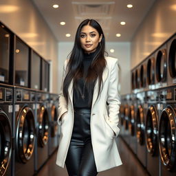 A young woman with long black hair, the owner of a luxurious laundromat, standing with poise and confidence in her upscale establishment