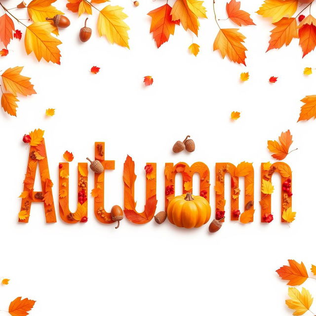 Create a high-definition image of the word 'Autumn' in a creative autumn style on a white background