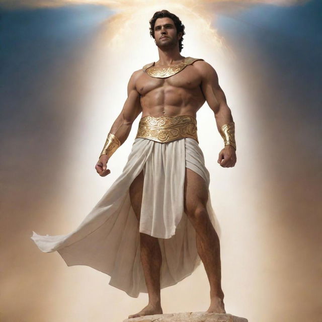 A powerful demigod standing tall, lit by epic celestial light, with a majestic aura and classical Greek attire.